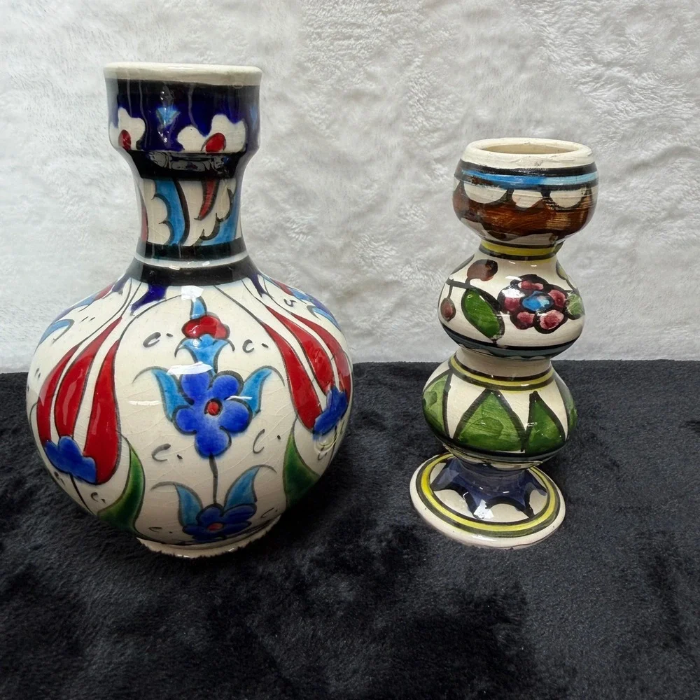2 Hand Painted Turkish Iznik Style Ceramic Bud Vases Set Floral Red Blue‎ Yellow